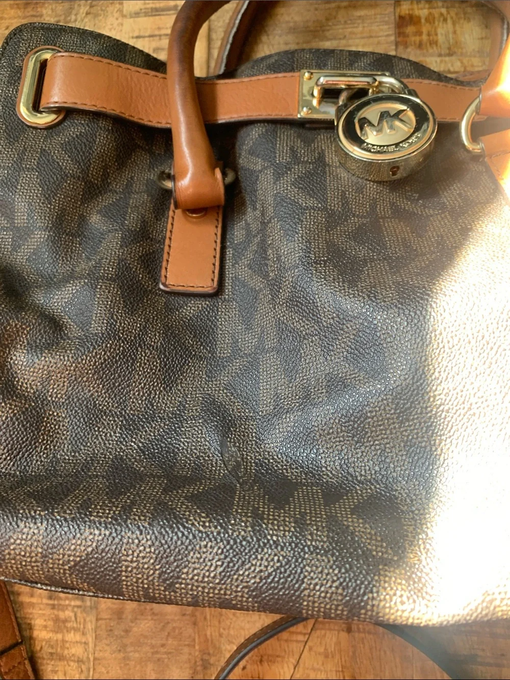 Michael Kors Brown & Tan Logo Tote with Gold Hardware